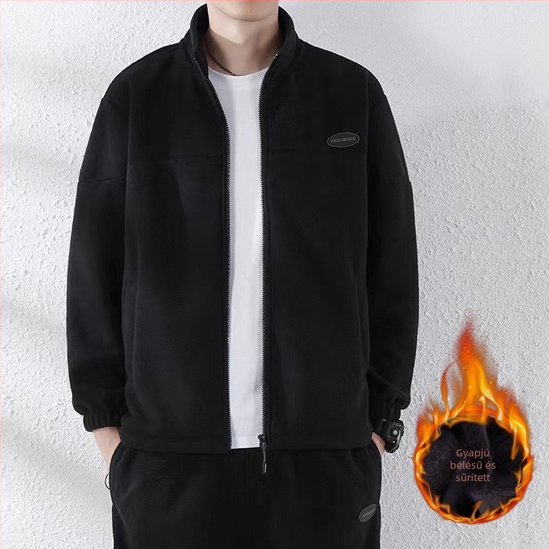 Férfi polár fleece sportkabát állógallérral, cipzárral, téli viselet, plusz méret, egyszerű színblokkokkal
