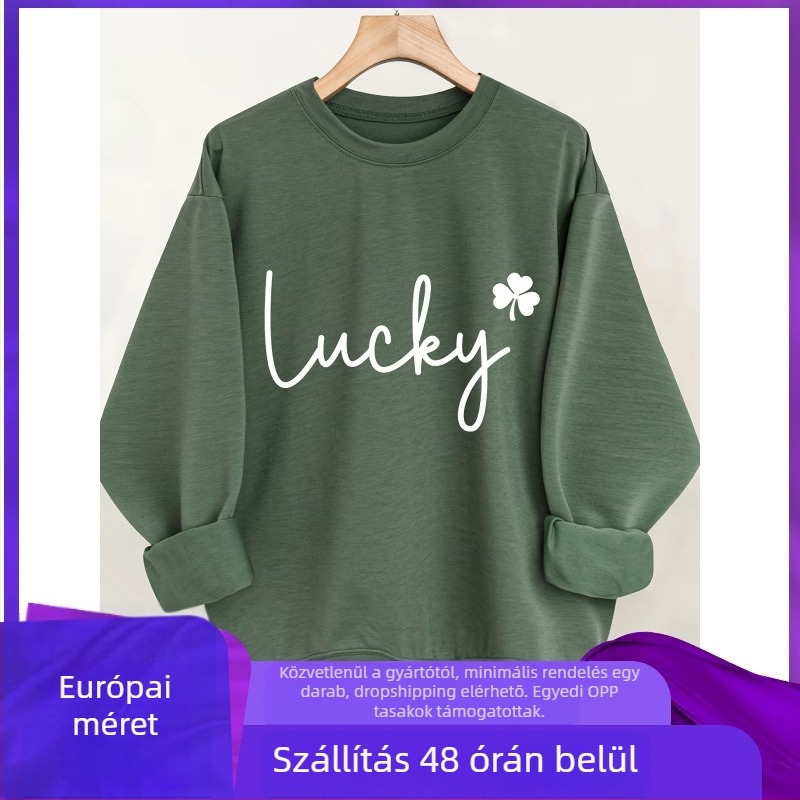 Női pulóver betűs mintával és négylevelű lóherével, lazán szabott, hosszú ujjú, kerek nyakú, ősz-tél
