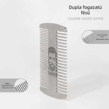 Kétoldalas rozsdamentes acél szakáll- és bajuszfésű, barber stílus, kompakt méretű, kevesebb mint 10 cm