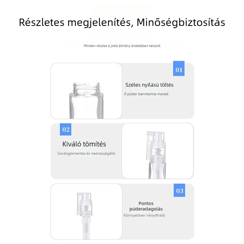Mini 8 ml-es hosszú csővel rendelkező porspray üveg nyomógombos kupakkal – ideális talc-, orvosi és finom púderhez
