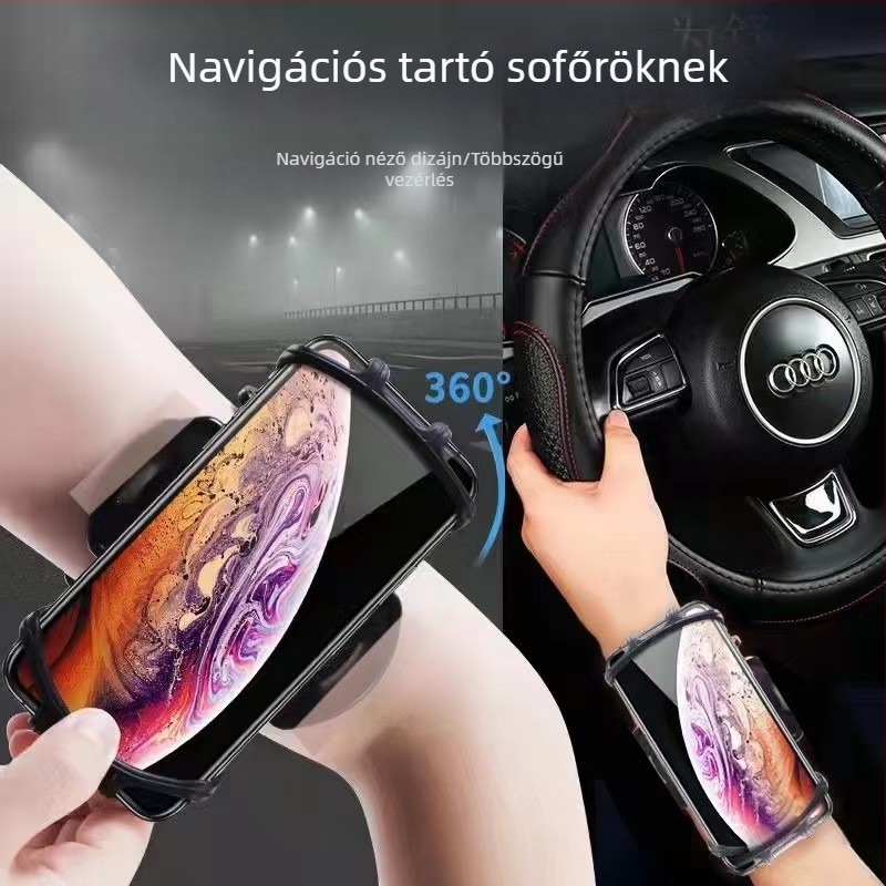 360°-os forgó telefontartó vezető számára, elasztikus csuklópánttal és levehető karpánttal navigációhoz