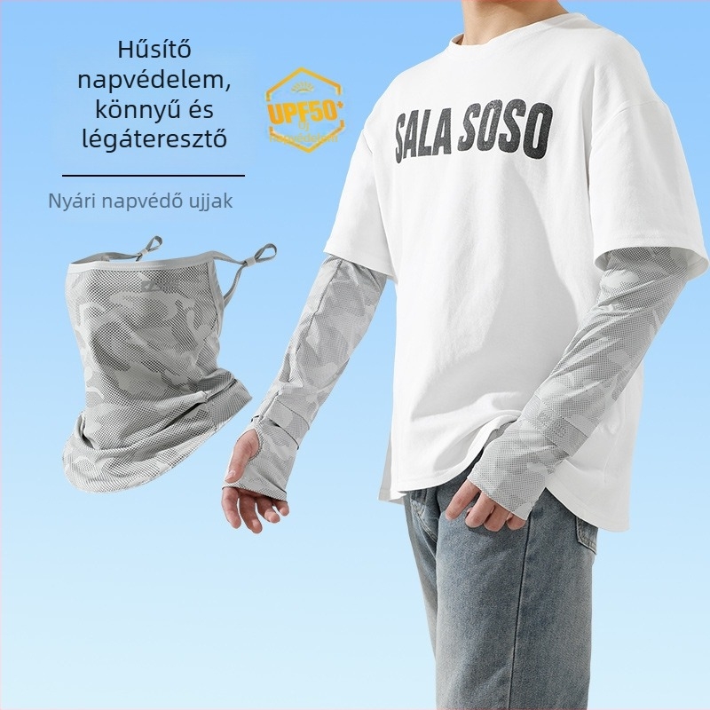 Nyári UV-védő arcmaszk és karvédők készlete – kerékpár- és horgászathoz, vezetéshez; férfiaknak plusz méret, laza szabás, nylon anyag