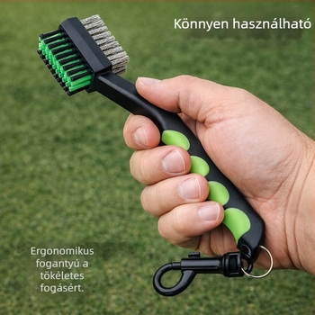 Kétoldalas golf-kefe acéldrótos és nylon-fejjel, ergonómikus markolattal, golfütők tisztításához