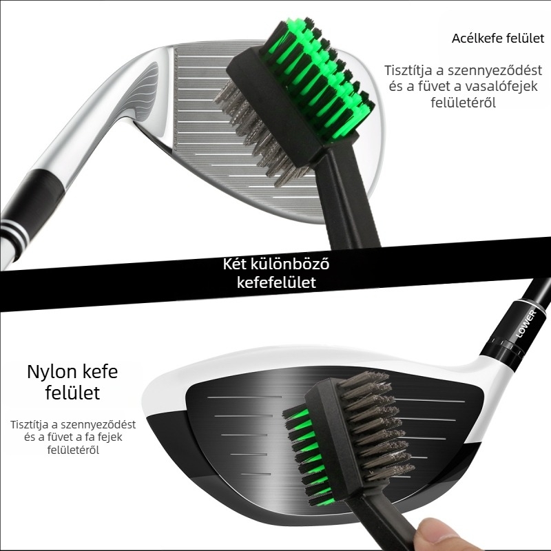 Kétoldalas golf-kefe acéldrótos és nylon-fejjel, ergonómikus markolattal, golfütők tisztításához