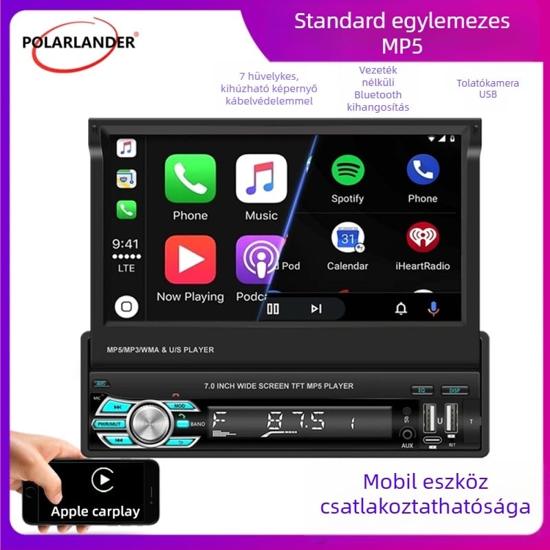 7 hüvelykes vezeték nélküli CarPlay MP5 lejátszó kézzel kihúzható kijelzővel és Bluetooth hátrameneti kamerával