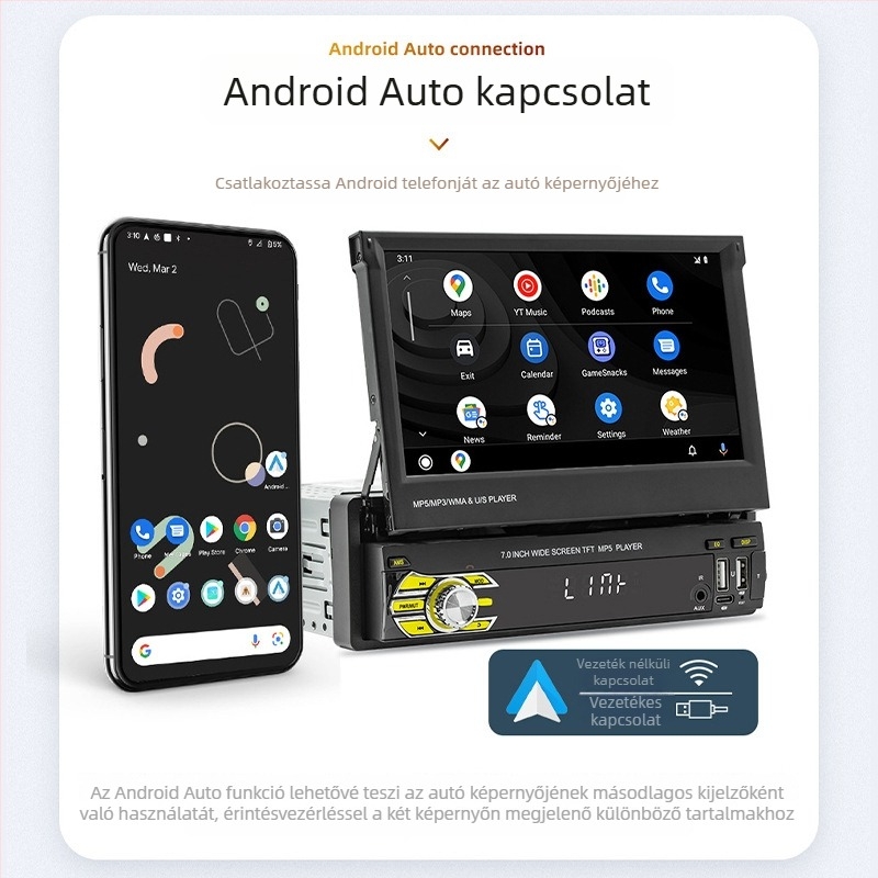 7 hüvelykes vezeték nélküli CarPlay MP5 lejátszó kézzel kihúzható kijelzővel és Bluetooth hátrameneti kamerával