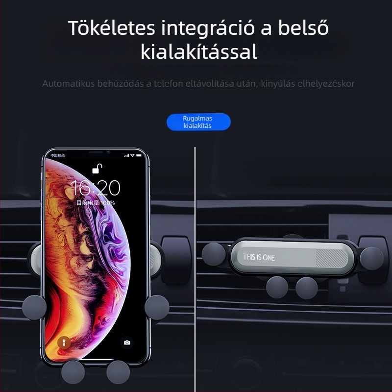 Autóba való telefon-tartó gravitációs rögzítéssel a szellőzőnyílásra, kihúzható és deformálható támasz.