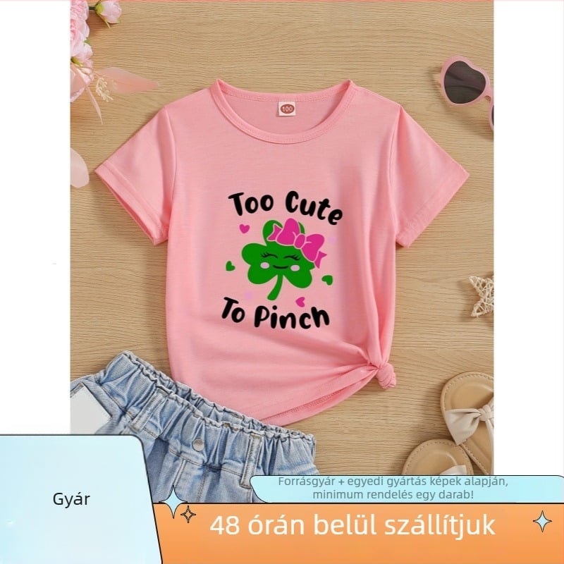 Gyerekeknek szóló pamut póló St. Patrick-naphoz, aranyos háromlevél nyomtatás és betűk, kerek nyakú, rövid ujjú, laza szabású, utcai stílus