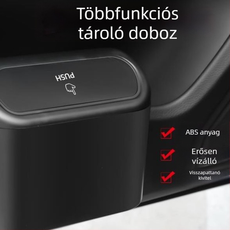 Autóba szerelhető szemetes lehajtható fedéllel, mini tároló doboz, akasztható az autó oldalsó ajtójára