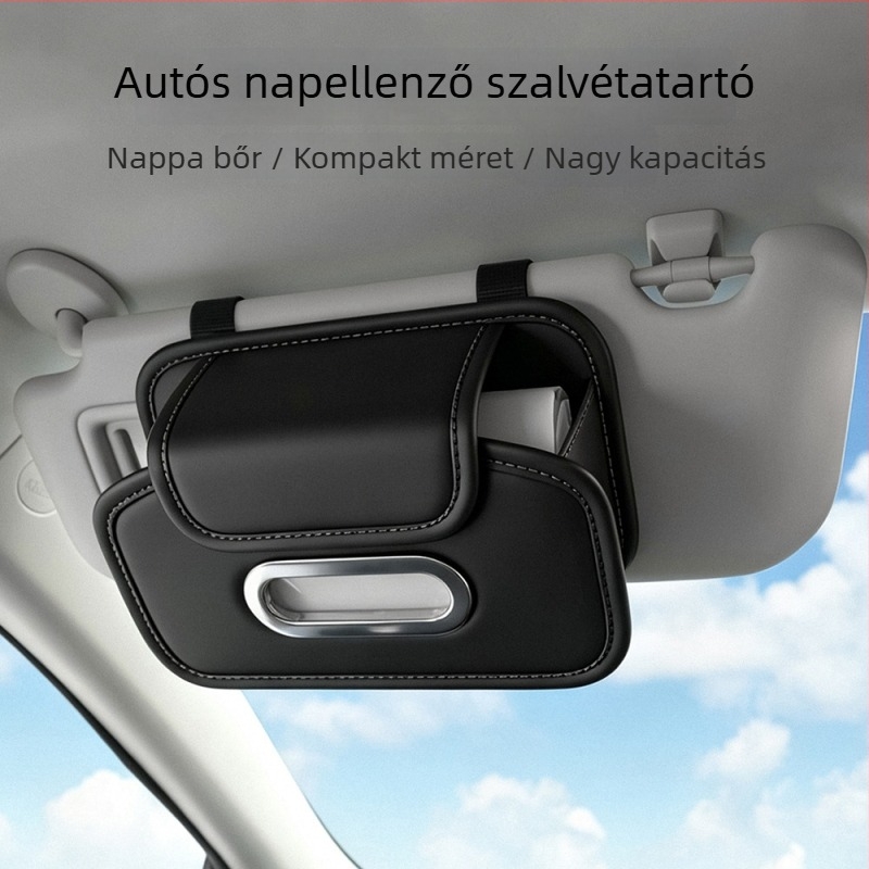 Autóba szerelhető papírzsebkendő-doboz a napellenzőhöz rögzítve, nem takarja el a kilátást, könnyű hozzáférés a zsebkendőkhöz, nagy kapacitás