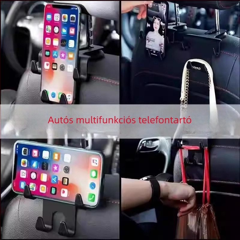 Autóhorgok elő- és hátsó ülésekhez, kampók a hátsó támlánál, multifunkcionális autós szervező, telefon-tartó