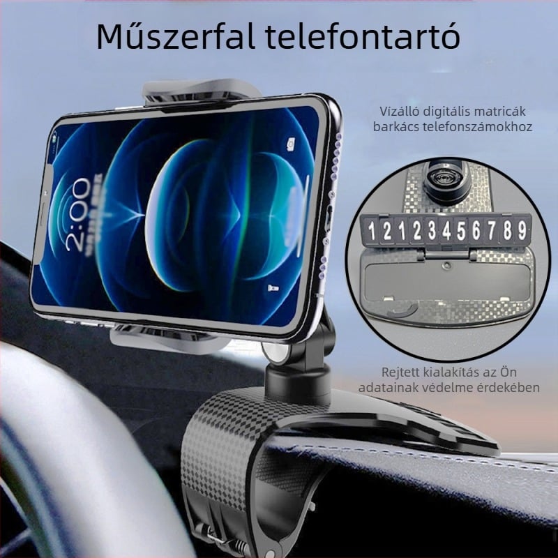 360°-ban forgatható telefon-tartó az autó középkonzoljához, műszerfal-klip a parkolási engedélyhez és multifunkcionális állítás