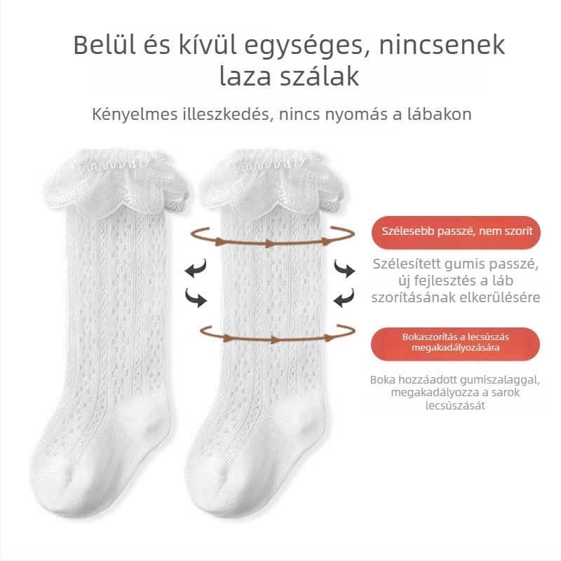 Újszülött nyári vékony csipkés zokni – légáteresztő pamutból, hálós mintával, középső szár, hercegnő stílus