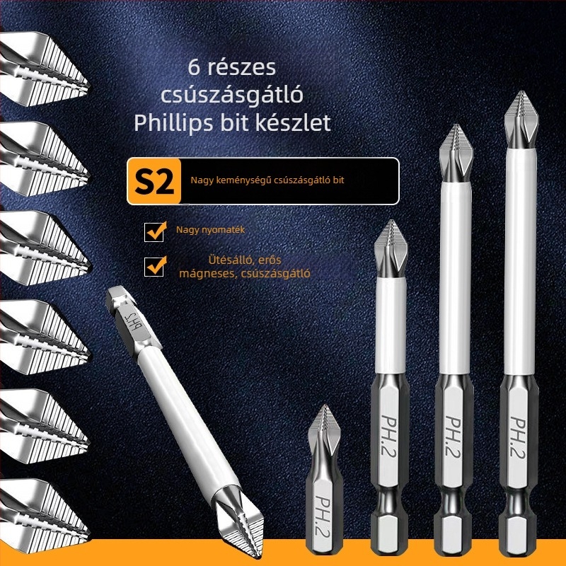 Longhe S2 ipari minőségű csúszásmentes Phillips bit erős mágnessel elektromos fúróhoz és csavarhúzóhoz — hexagonális fejű ultrakemény bit