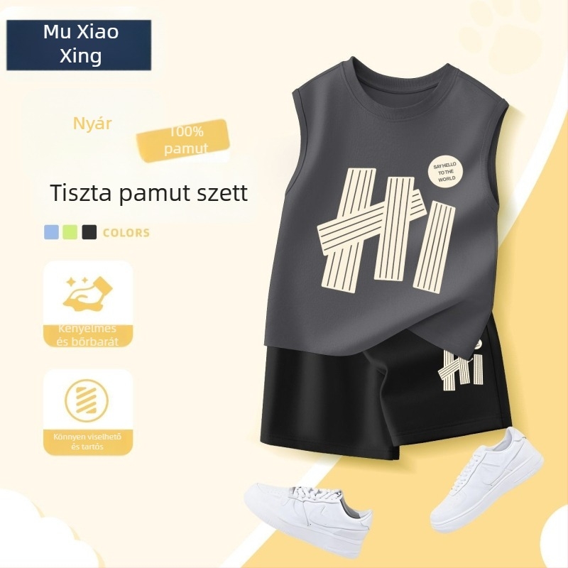 2025-ös új fiú nyári szett: kényelmes, sportos öltözet – ujjatlan mellény és rövidnadrág, két részes