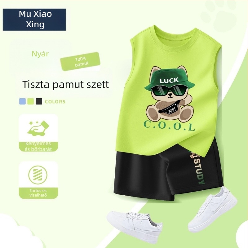 2025-ös új fiú nyári szett: kényelmes, sportos öltözet – ujjatlan mellény és rövidnadrág, két részes