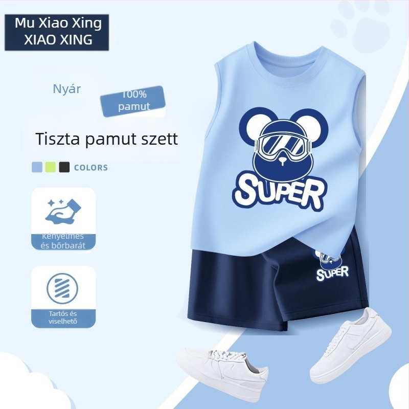 2025-ös új fiú nyári szett: kényelmes, sportos öltözet – ujjatlan mellény és rövidnadrág, két részes