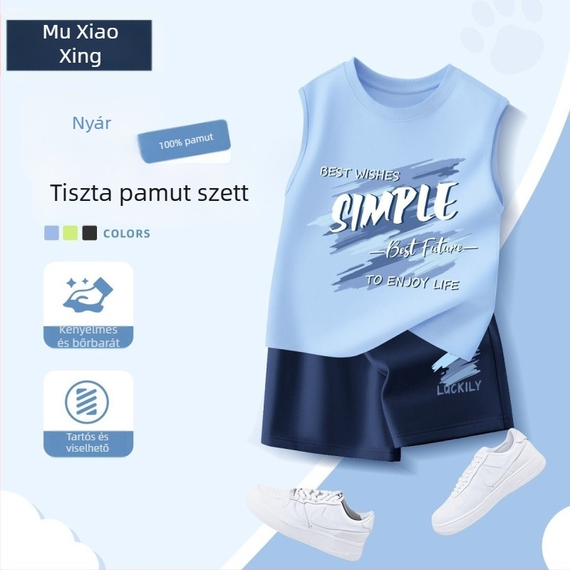 2025-ös új fiú nyári szett: kényelmes, sportos öltözet – ujjatlan mellény és rövidnadrág, két részes