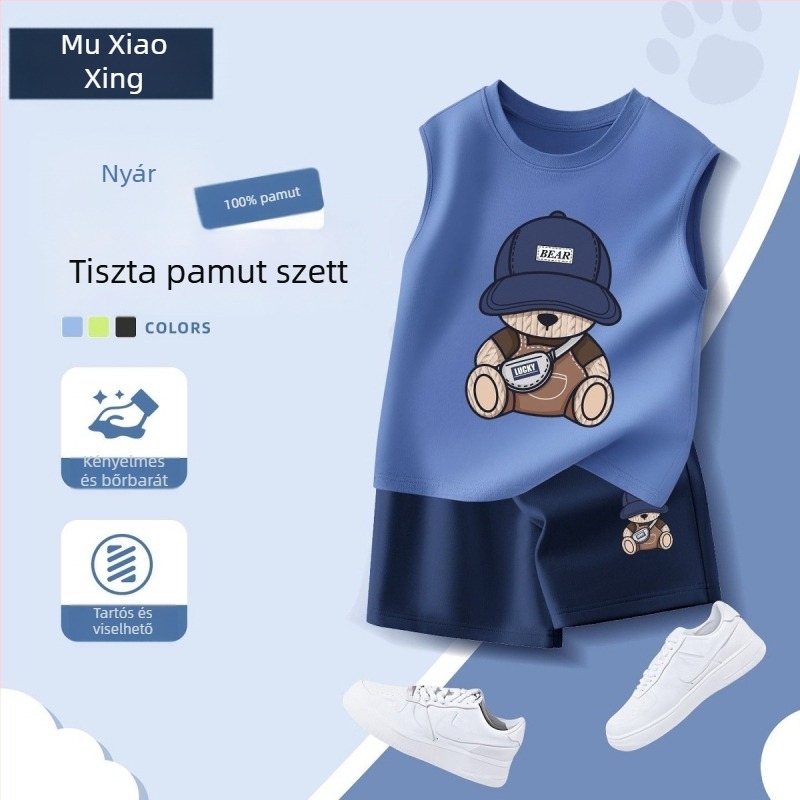 2025-ös új fiú nyári szett: kényelmes, sportos öltözet – ujjatlan mellény és rövidnadrág, két részes