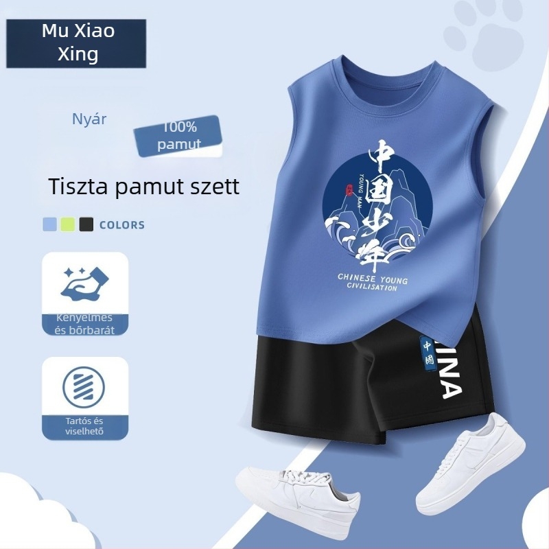2025-ös új fiú nyári szett: kényelmes, sportos öltözet – ujjatlan mellény és rövidnadrág, két részes