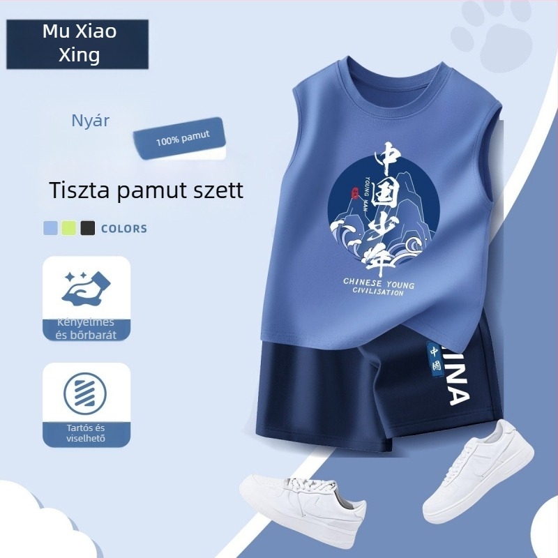2025-ös új fiú nyári szett: kényelmes, sportos öltözet – ujjatlan mellény és rövidnadrág, két részes