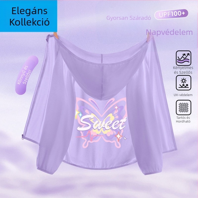 Lányoknak szóló napvédő kabát, Ice Silk anyagból, gyors száradású, kapucnival, nyárra