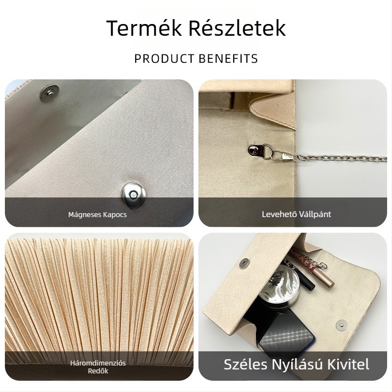 Európai–amerikai retro pliszézett krém színű esti táska lánccal