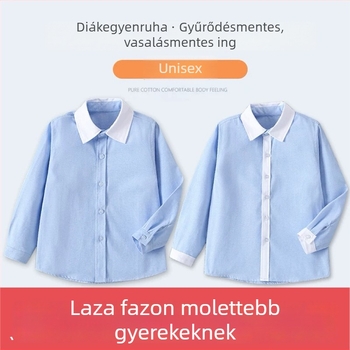 Kék gyerekeknek szóló kollegi stílusú rövid ujjúing, plusz méret, fehér gallér, fehér ujjakkal, általános iskolai egyenruha