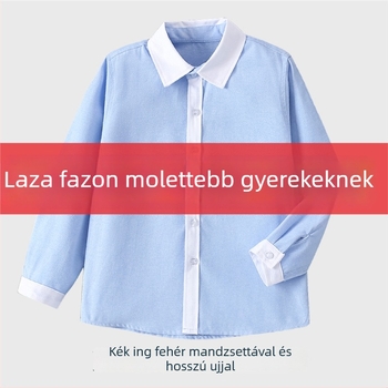 Kék gyerekeknek szóló kollegi stílusú rövid ujjúing, plusz méret, fehér gallér, fehér ujjakkal, általános iskolai egyenruha