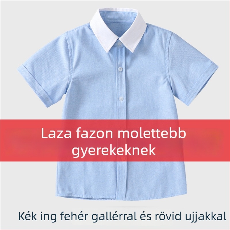 Kék gyerekeknek szóló kollegi stílusú rövid ujjúing, plusz méret, fehér gallér, fehér ujjakkal, általános iskolai egyenruha