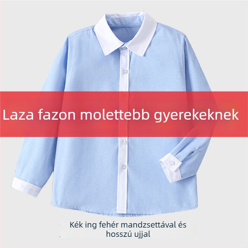 Kék gyerekeknek szóló kollegi stílusú rövid ujjúing, plusz méret, fehér gallér, fehér ujjakkal, általános iskolai egyenruha