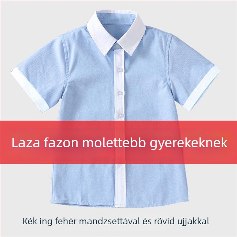 Kék gyerekeknek szóló kollegi stílusú rövid ujjúing, plusz méret, fehér gallér, fehér ujjakkal, általános iskolai egyenruha