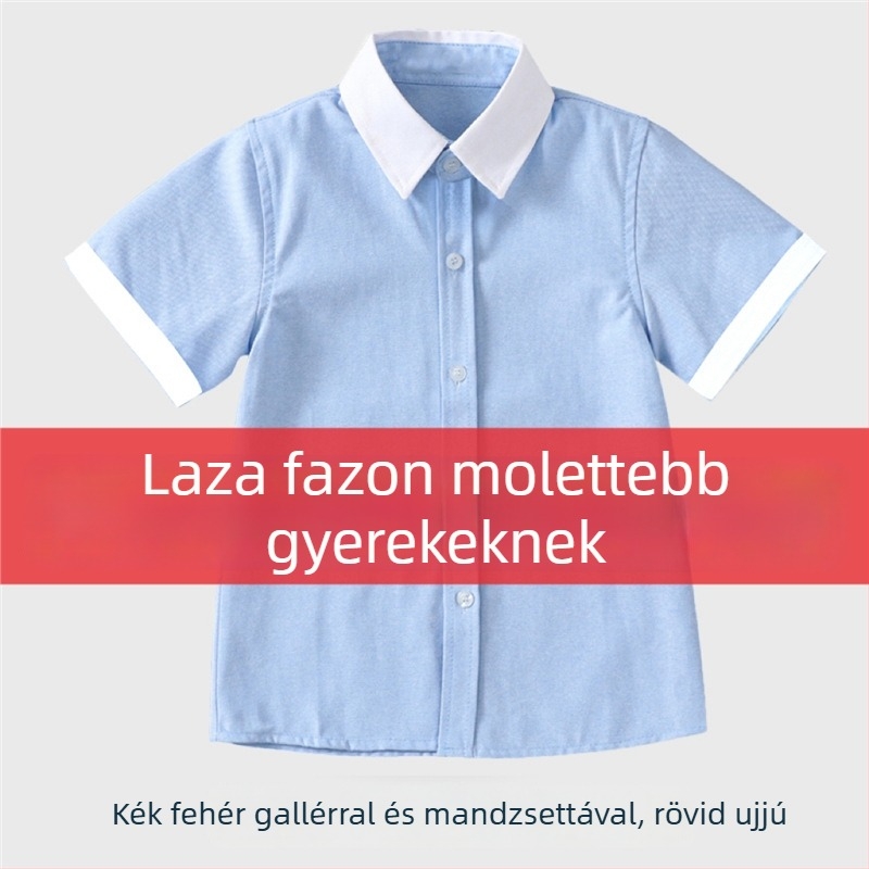 Kék gyerekeknek szóló kollegi stílusú rövid ujjúing, plusz méret, fehér gallér, fehér ujjakkal, általános iskolai egyenruha