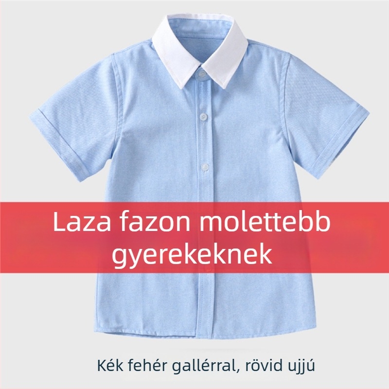 Kék gyerekeknek szóló kollegi stílusú rövid ujjúing, plusz méret, fehér gallér, fehér ujjakkal, általános iskolai egyenruha