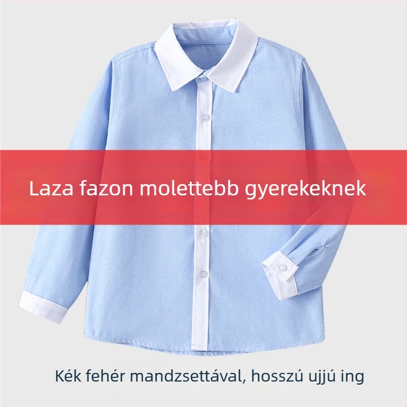Kék gyerekeknek szóló kollegi stílusú rövid ujjúing, plusz méret, fehér gallér, fehér ujjakkal, általános iskolai egyenruha