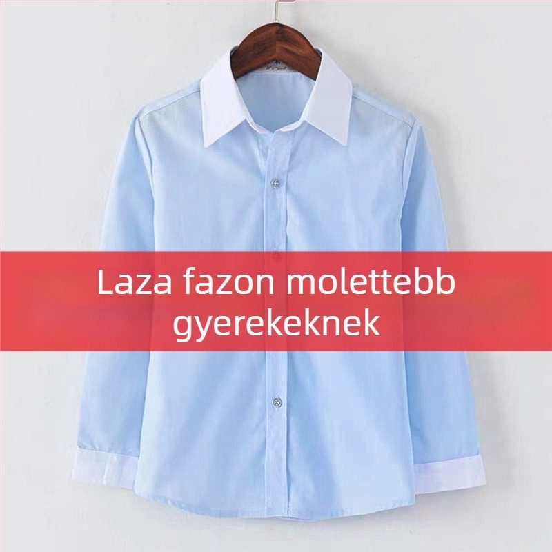 Kék gyerekeknek szóló kollegi stílusú rövid ujjúing, plusz méret, fehér gallér, fehér ujjakkal, általános iskolai egyenruha