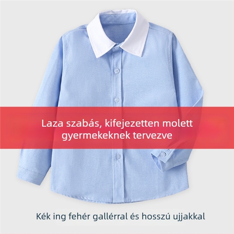 Kék gyerekeknek szóló kollegi stílusú rövid ujjúing, plusz méret, fehér gallér, fehér ujjakkal, általános iskolai egyenruha