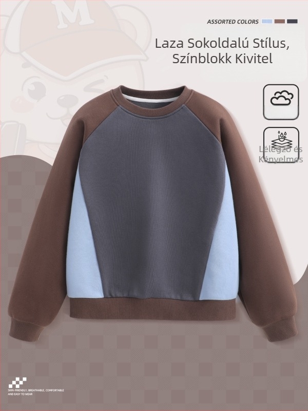 Fiúknak szánt pulóver tavasz–ősz 2026, pamut-poliészter keverék, hosszú ujjú, egyszínű
