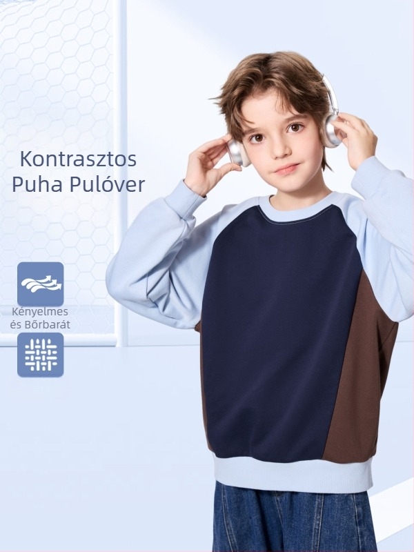 Fiúknak szánt pulóver tavasz–ősz 2026, pamut-poliészter keverék, hosszú ujjú, egyszínű