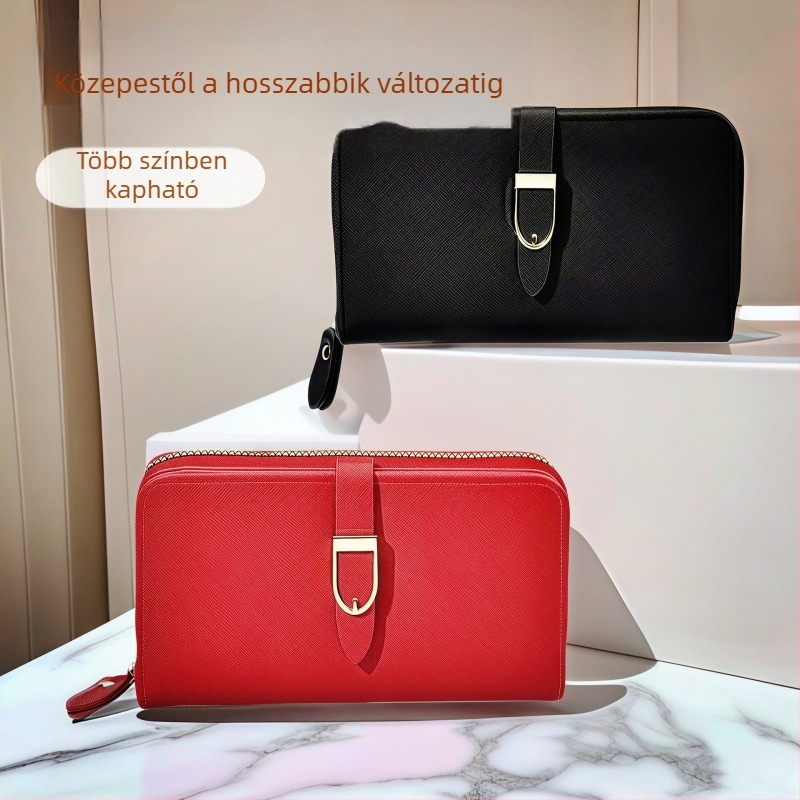 Női koreai stílusú hosszú pénztárca, elegáns és minimalist, egyszínű, cipzáros aprópénztartó