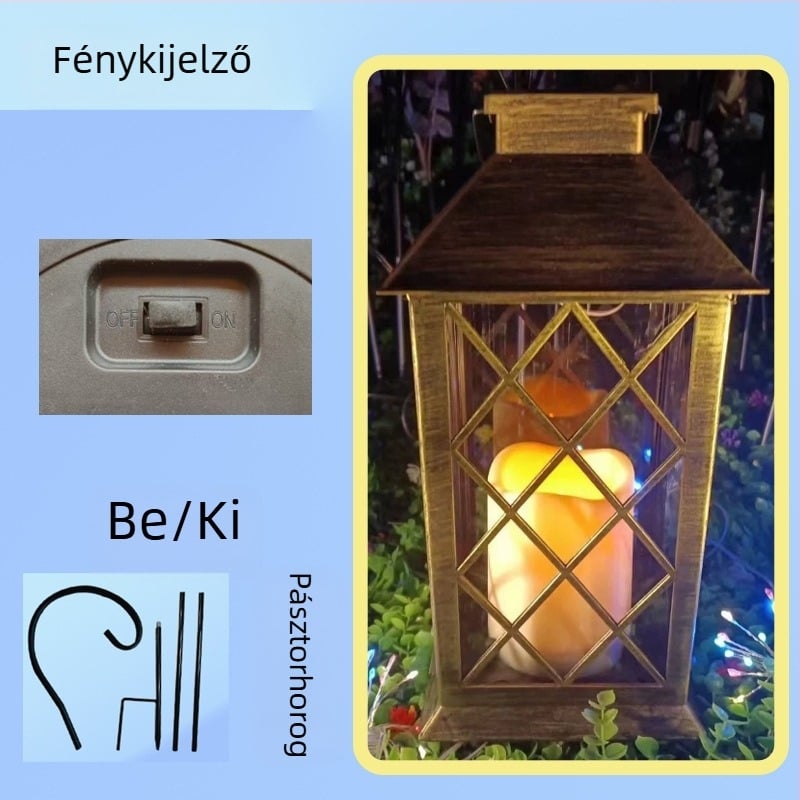 Napenergiás retro palotafény gyertyával, dekoratív tájvilágítás, függő lámpa