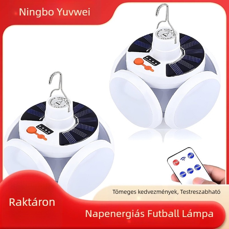 Napelemes LED focilabda alakú lámpa kültéri használatra, kempingezéshez