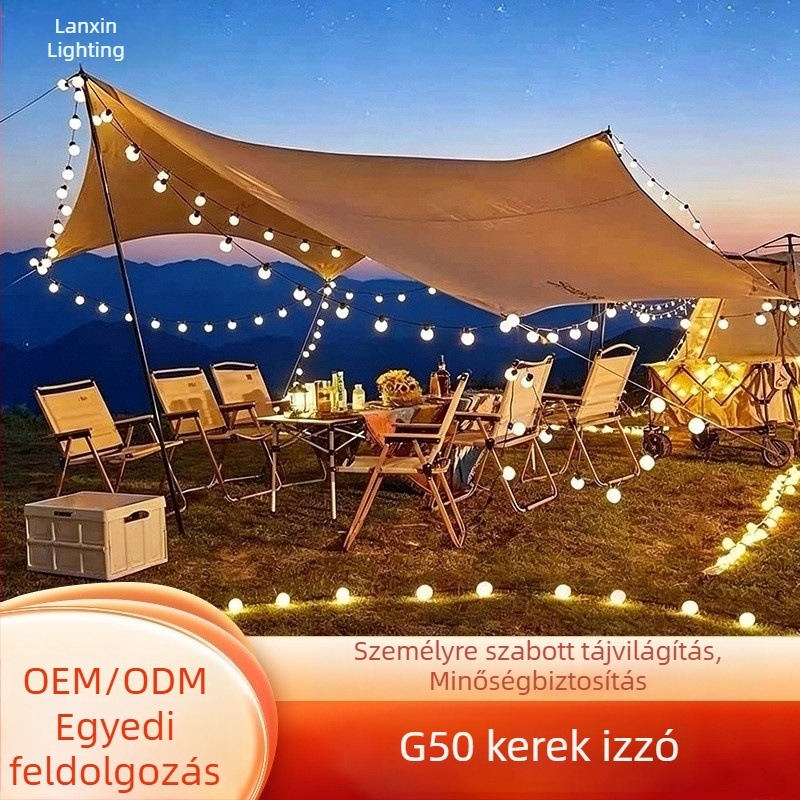 G50 gömblámpa kültéri fényfüzér, vízálló, napelemes, kemping-dekor, udvar és hangulat esküvőhöz