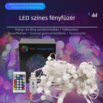 Hangvezérlésű fényfüzér színes gömb LED-ekkel, bőrzsinór, kültéri dekoráció
