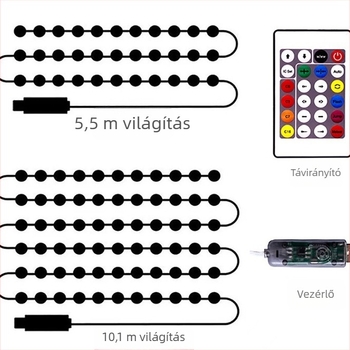 Hangvezérlésű fényfüzér színes gömb LED-ekkel, bőrzsinór, kültéri dekoráció
