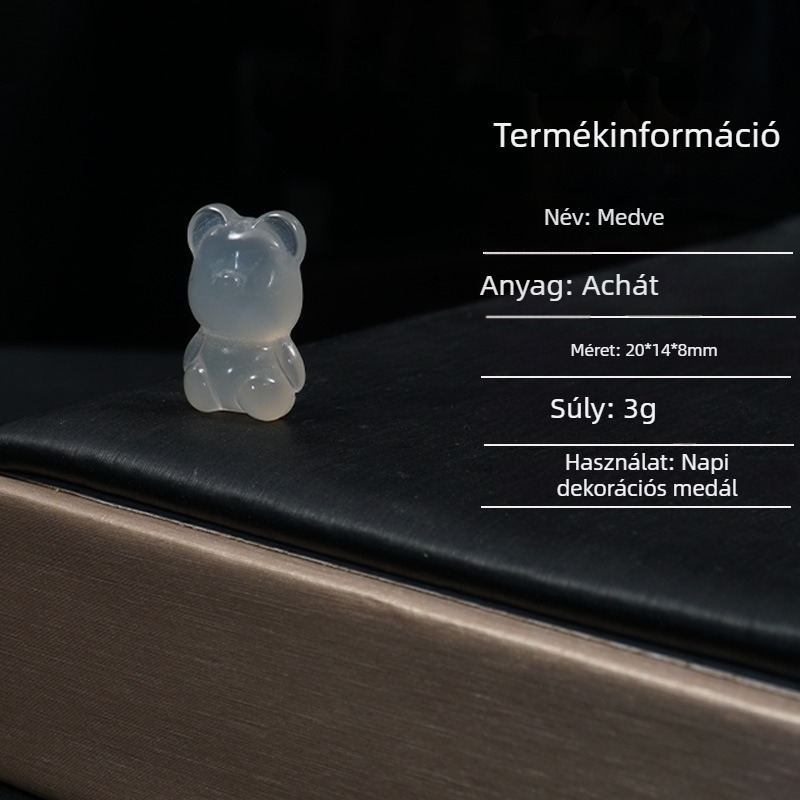 Fehér achát kalcedon medál, medve alakú, táskadísz, aranyos állat kiegészítő, 12 mm gyöngy