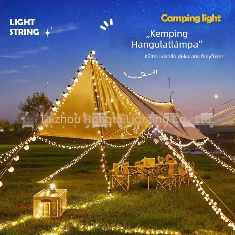 Napelemes LED gömbfényfüzér kültéri kempingezéshez, sátor dekoráció, akkumulátoros/ USB/ napenergia ellátás, IP44