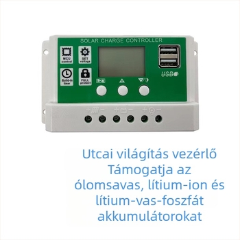 Li-ion akkumulátoros napelemes vezérlő, 12-24V, 10A/20A/30A, két USB-kimenet, utcai világításra