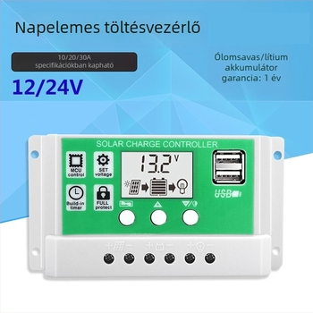 Li-ion akkumulátoros napelemes vezérlő, 12-24V, 10A/20A/30A, két USB-kimenet, utcai világításra