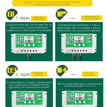 Li-ion akkumulátoros napelemes vezérlő, 12-24V, 10A/20A/30A, két USB-kimenet, utcai világításra
